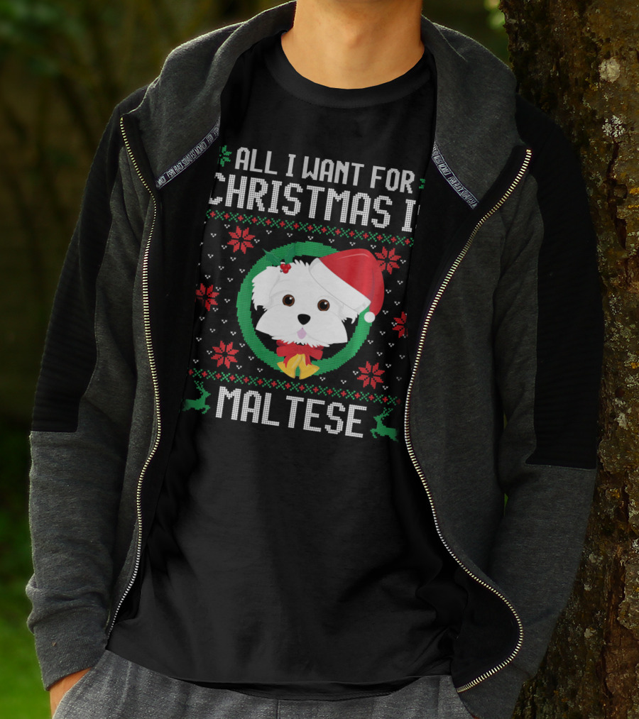 All I Want For Christmas Is Maltese Dog Santa Hat Festive T-Shirt
