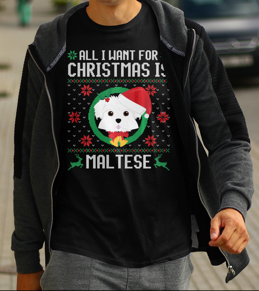 All I Want For Christmas Is Maltese Dog Santa Hat Festive T-Shirt