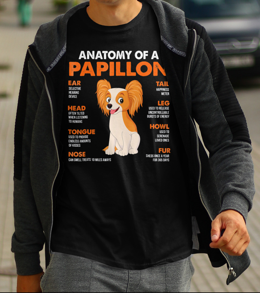 Anatomy Of A Papillon Ear Head Tongue Nose Tail Leg Howl Fur T-Shirt