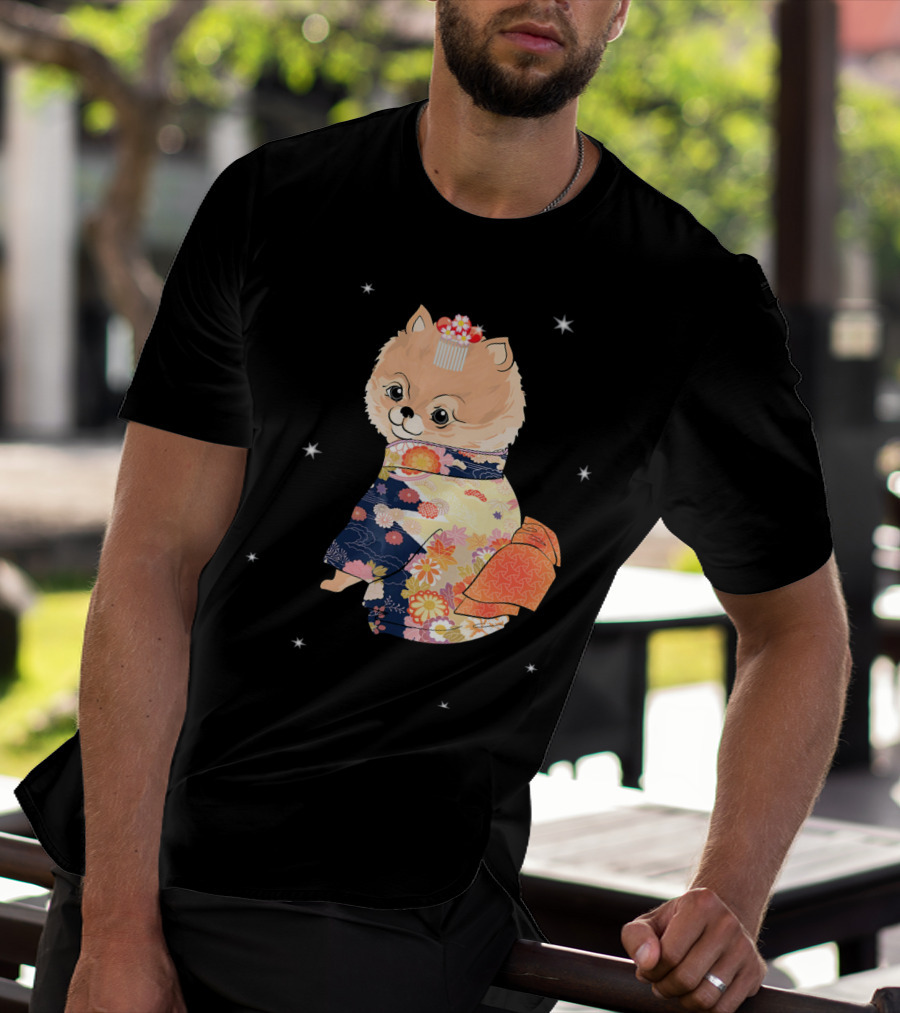 Pomeranian Dog In Floral Kimono With Stars T-Shirt