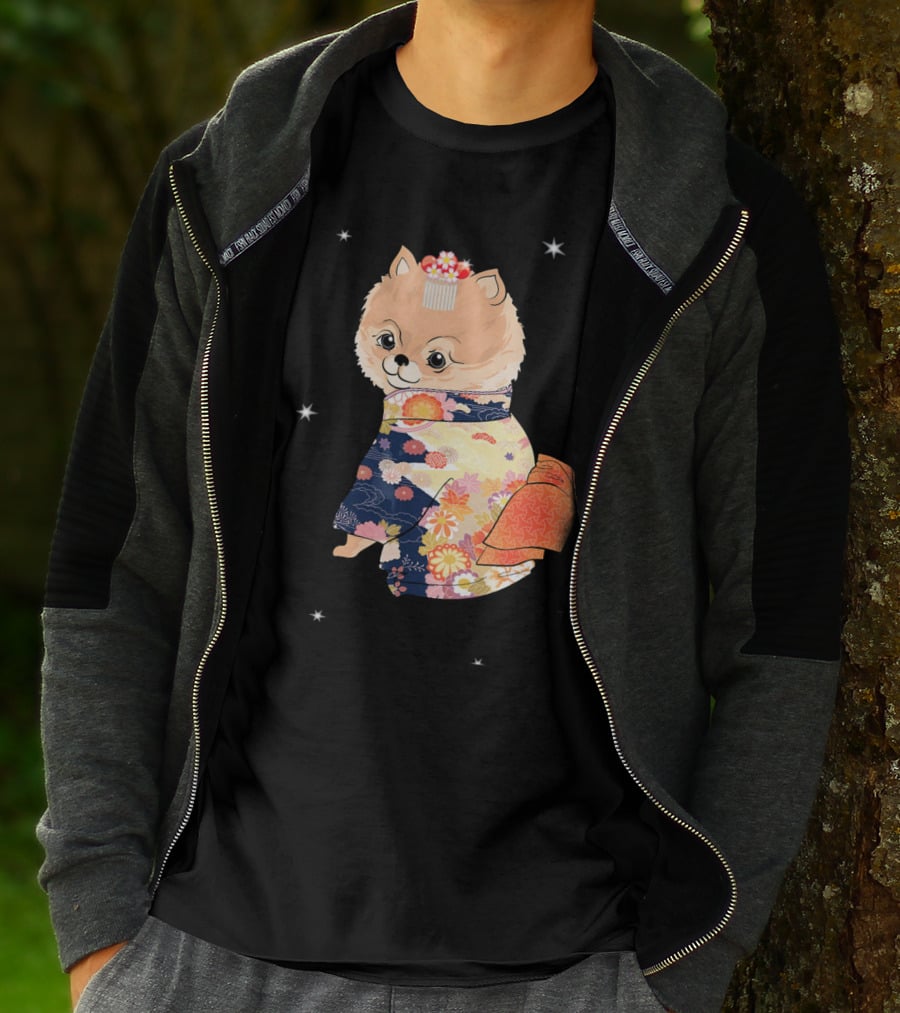 Pomeranian Dog In Floral Kimono With Stars T-Shirt