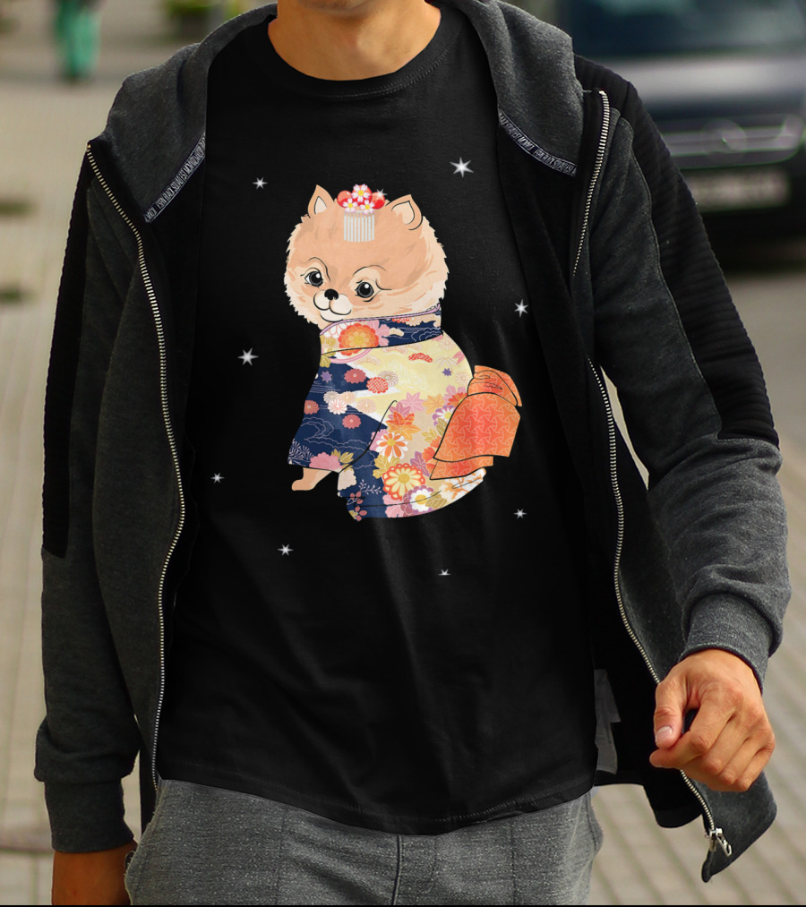 Pomeranian Dog In Floral Kimono With Stars T-Shirt
