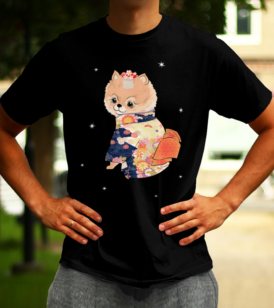 Pomeranian Dog In Floral Kimono With Stars T-Shirt