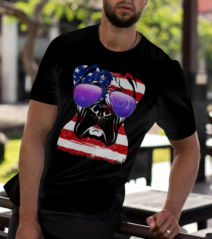 Boxer Dog With American Flag Sunglasses Patriotic T-Shirt
