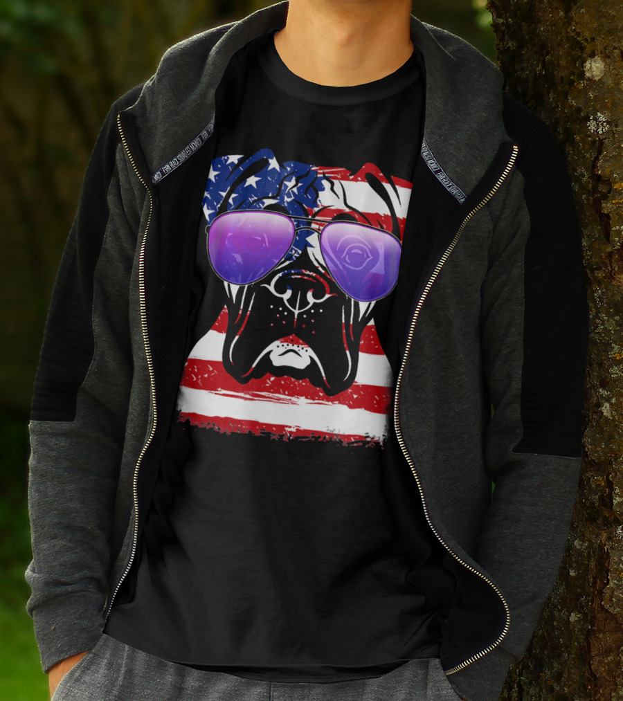 Boxer Dog With American Flag Sunglasses Patriotic T-Shirt