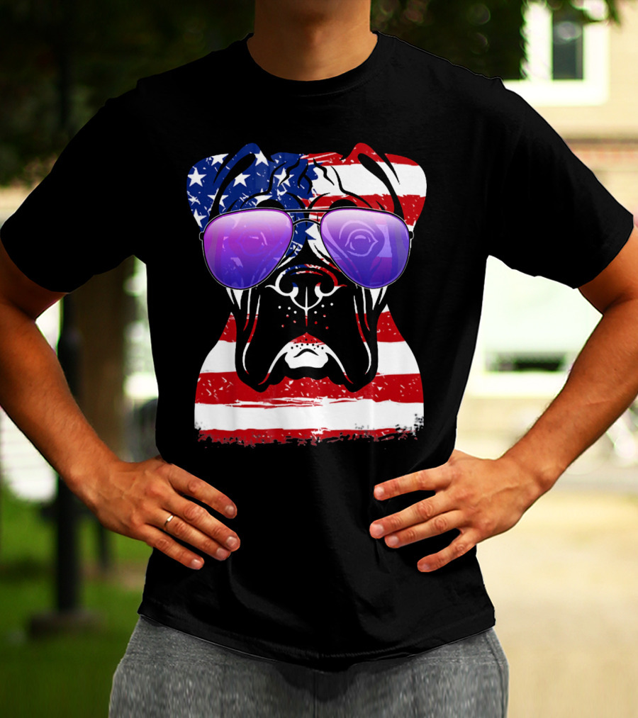 Boxer Dog With American Flag Sunglasses Patriotic T-Shirt