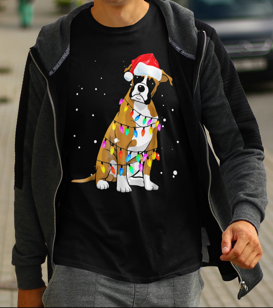 Boxer Dog Wrapped In Christmas Lights With Santa Hat T-Shirt