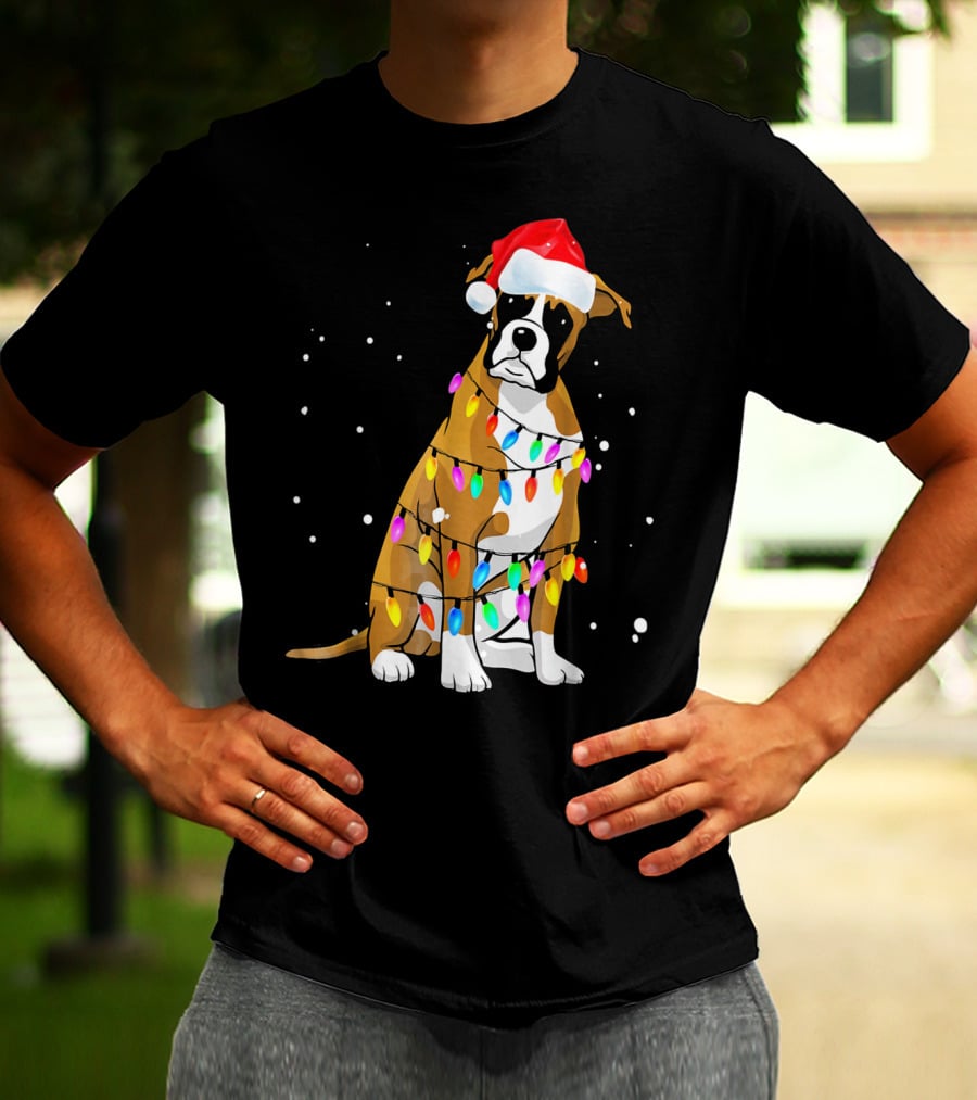 Boxer Dog Wrapped In Christmas Lights With Santa Hat T-Shirt
