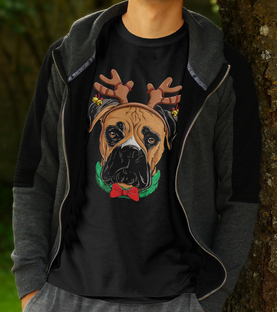 Boxer Dog With Reindeer Antlers Bow Tie Christmas T-Shirt