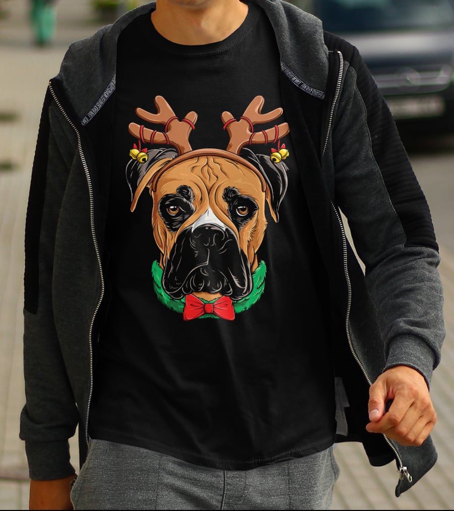 Boxer Dog With Reindeer Antlers Bow Tie Christmas T-Shirt