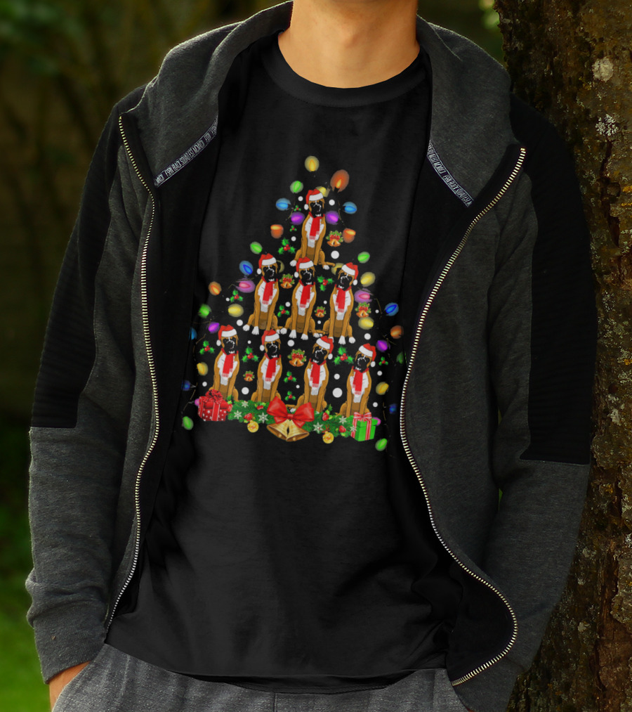 Boxer Dogs In Christmas Tree With Lights And Santa Hats T-Shirt