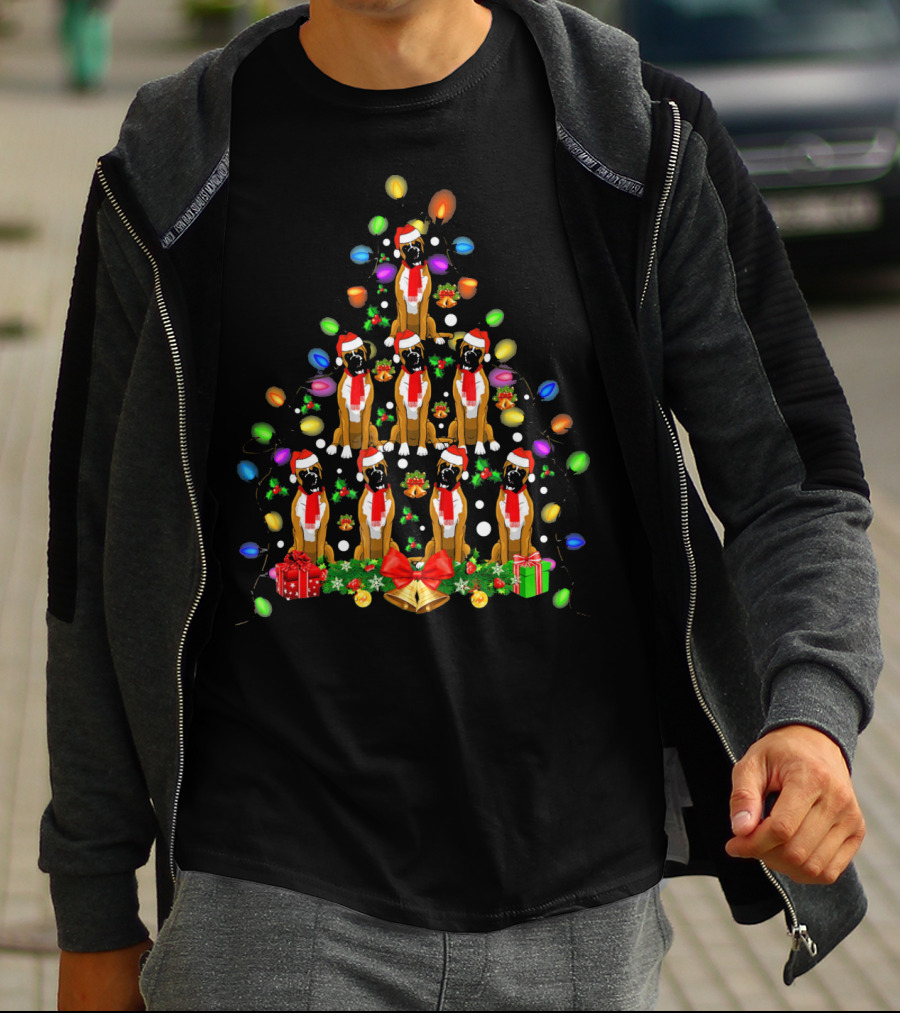 Boxer Dogs In Christmas Tree With Lights And Santa Hats T-Shirt