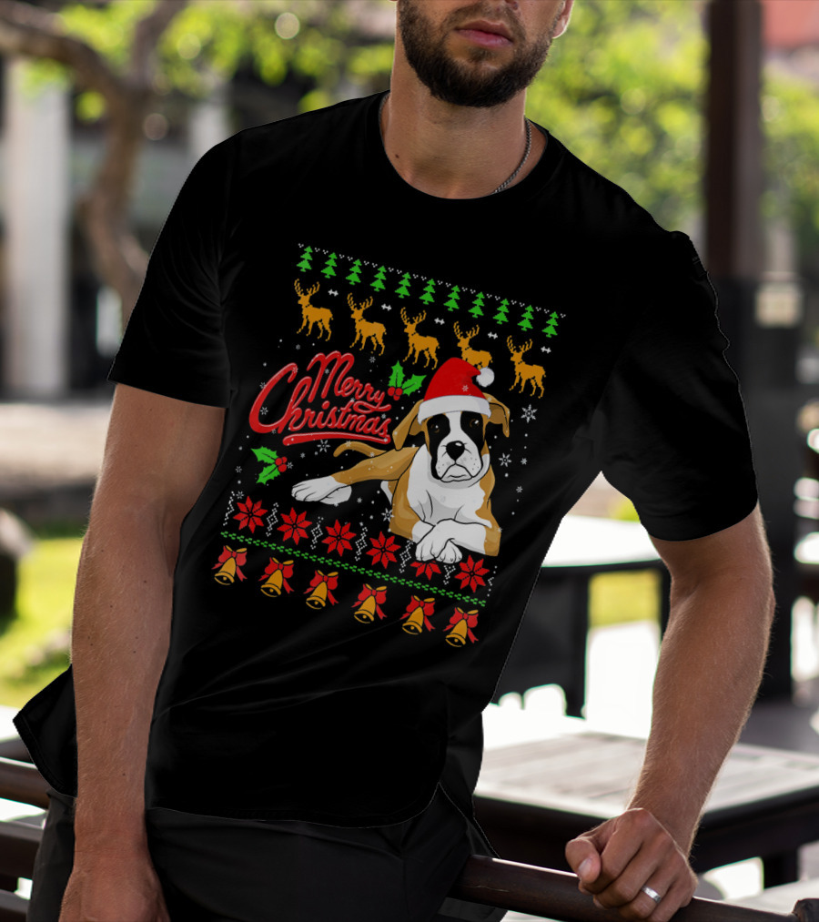 Merry Christmas Boxer Dog Santa Hat Reindeer Snowflakes T-Shirt