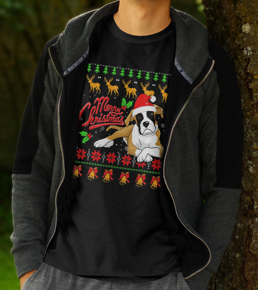 Merry Christmas Boxer Dog Santa Hat Reindeer Snowflakes T-Shirt