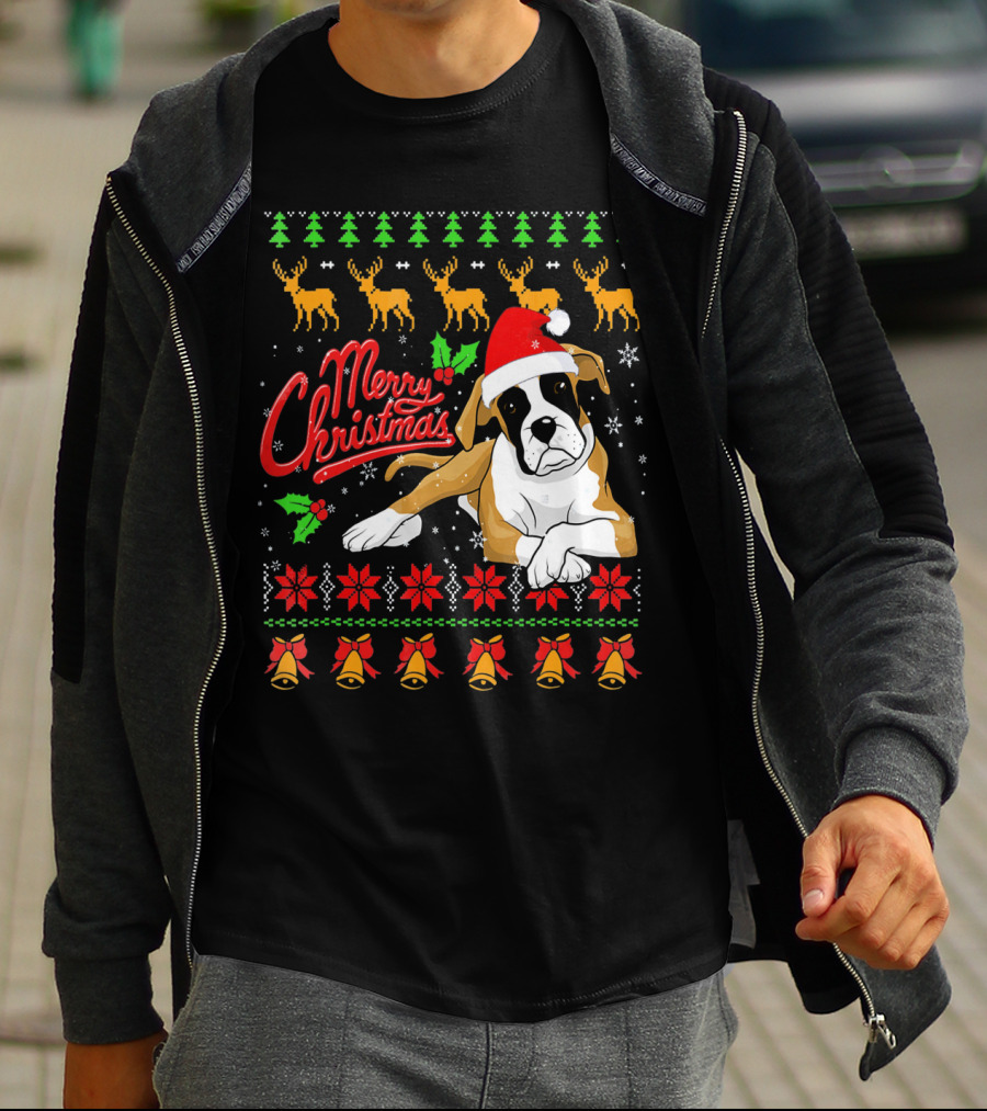 Merry Christmas Boxer Dog Santa Hat Reindeer Snowflakes T-Shirt