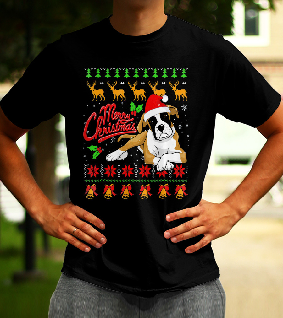 Merry Christmas Boxer Dog Santa Hat Reindeer Snowflakes T-Shirt