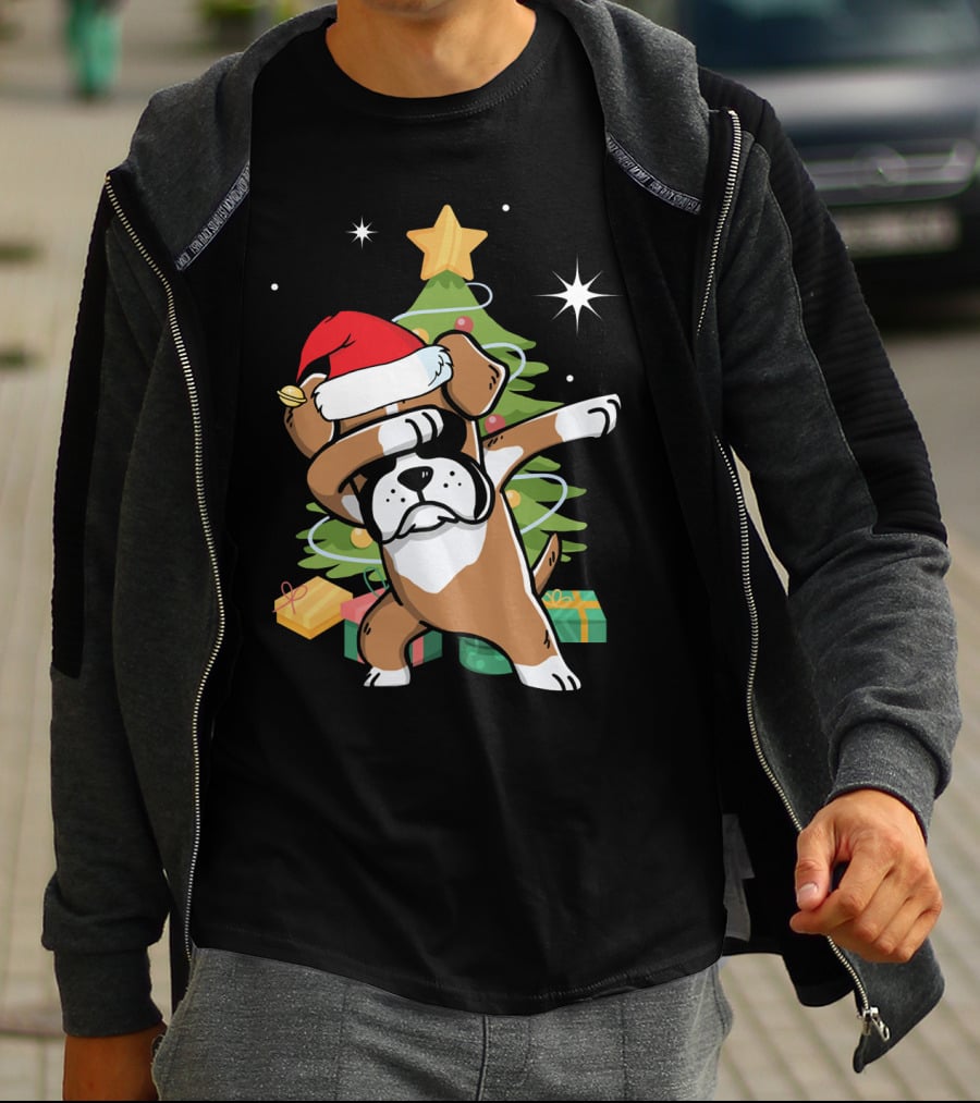 Christmas Boxer Dog Dabbing In Front Of Tree With Gifts T-Shirt
