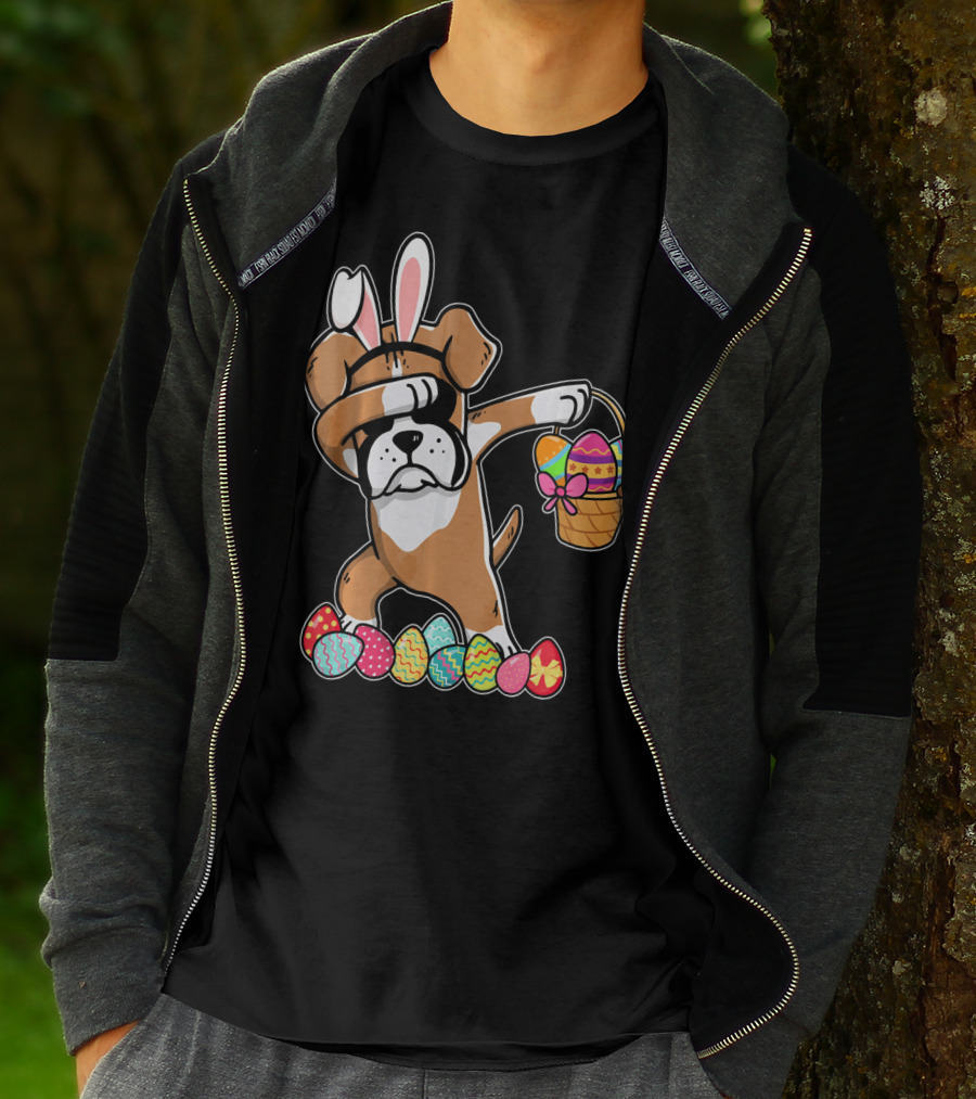 Boxer Dabbing As Easter Bunny With Basket And Eggs T-Shirt