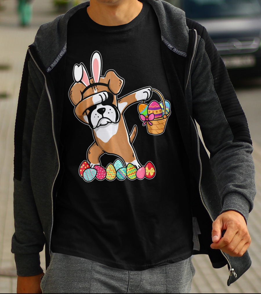 Boxer Dabbing As Easter Bunny With Basket And Eggs T-Shirt