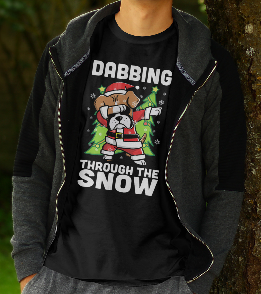 Dabbing Through The Snow Boxer Dog Santa Christmas Snowflakes Pine Trees T-Shirt