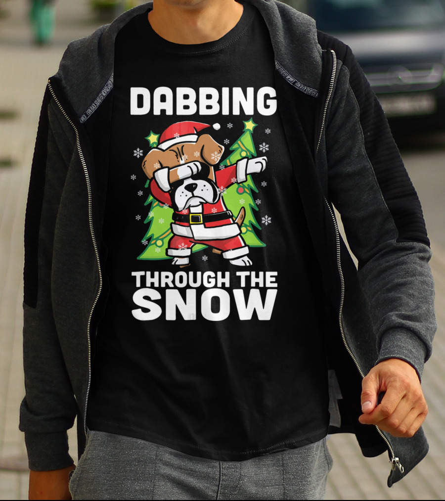 Dabbing Through The Snow Boxer Dog Santa Christmas Snowflakes Pine Trees T-Shirt
