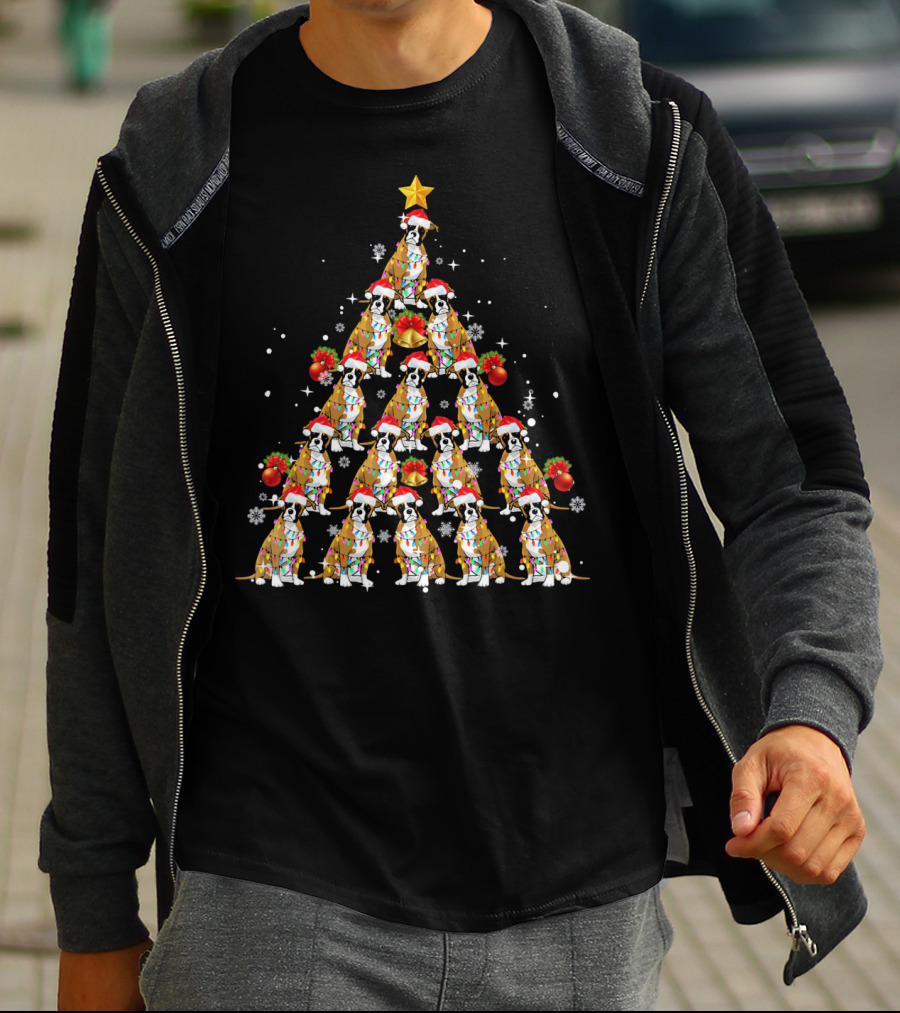 Boxer Dog Christmas Tree With Santa Hats And Lights T-Shirt