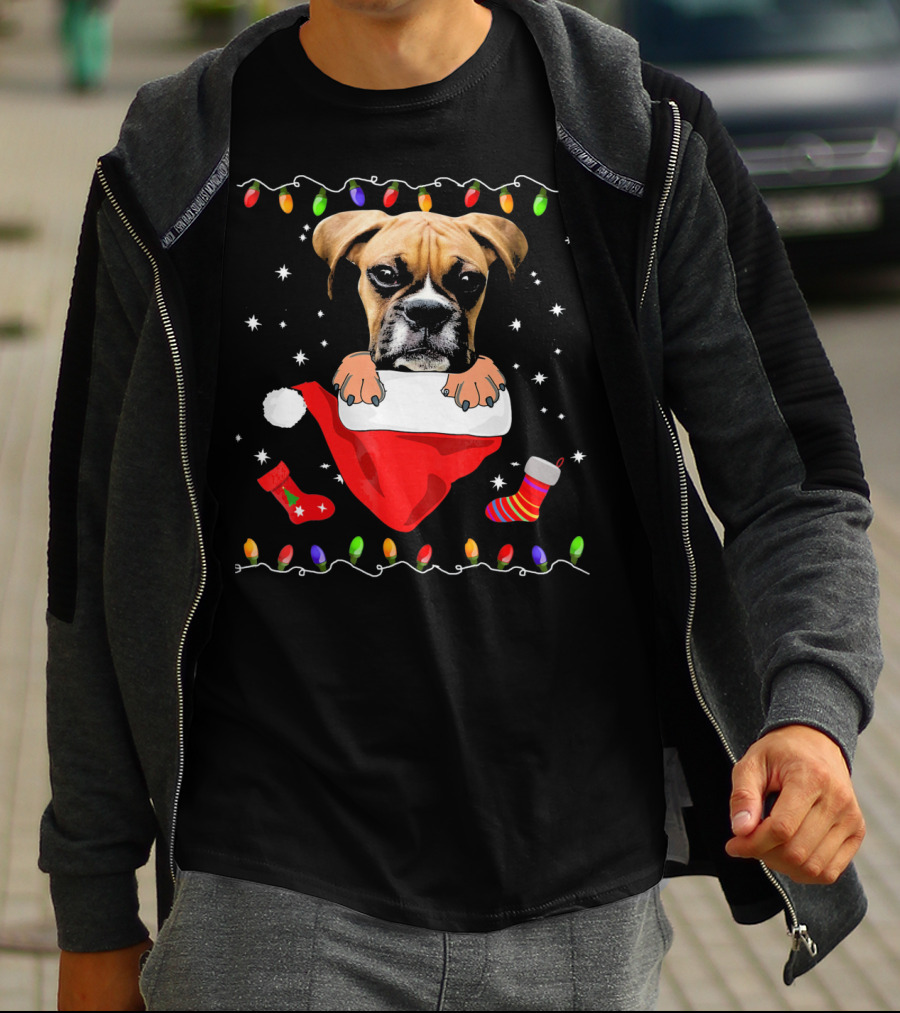 Festive Boxer Dog Christmas With Santa Hat And Holiday Lights T-Shirt