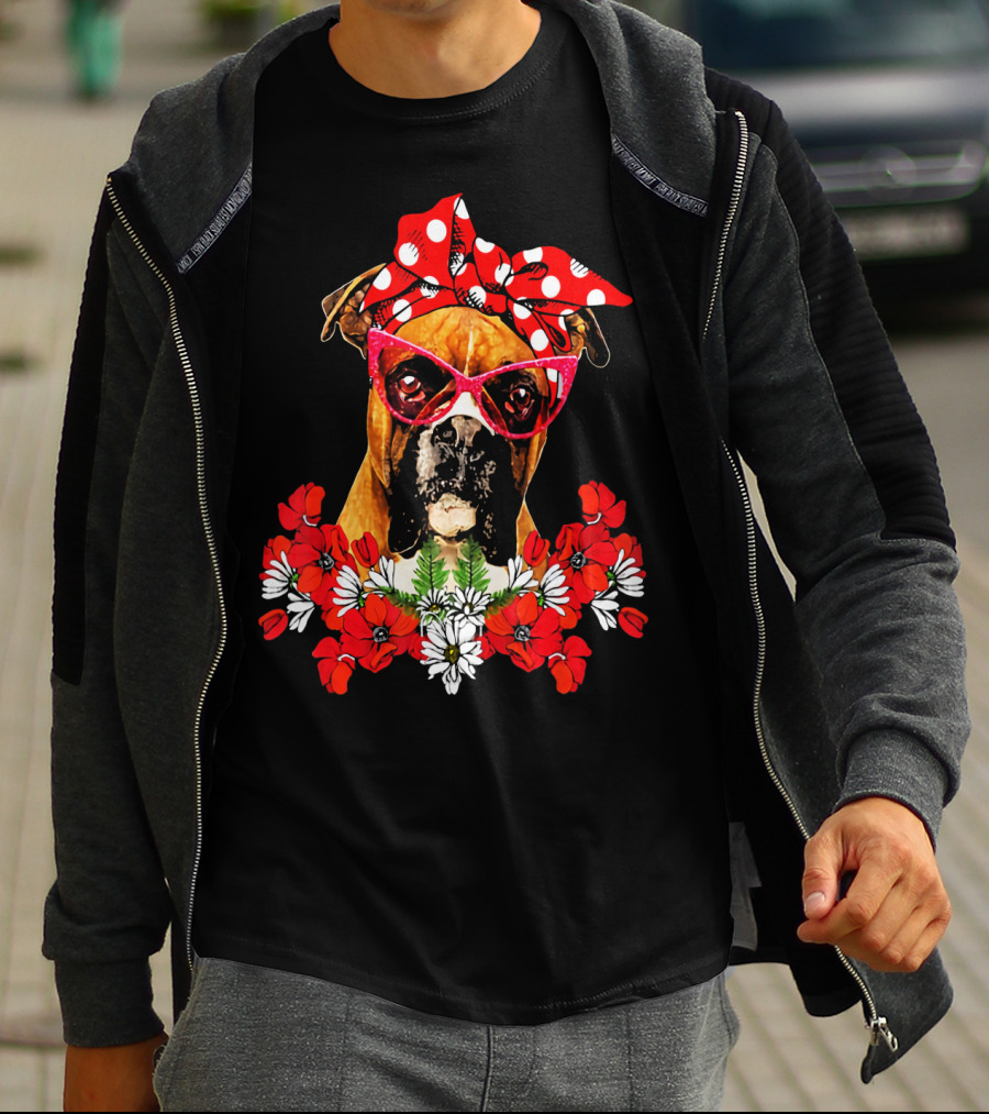 Boxer Dog Moms Red Polka Dot Bow Mixed Flower Arrangement T-Shirt
