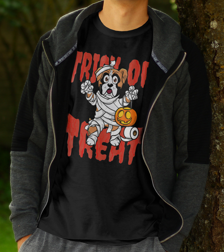 Trick Or Treat Boxer Dog Mummy With Pumpkin And Toilet Paper Rolls T-Shirt