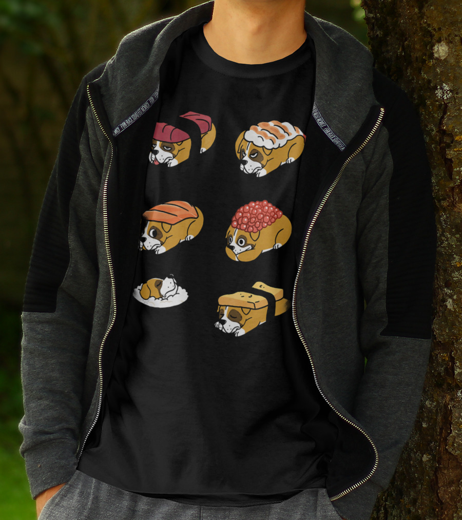 Boxer Dog Nigiri Sushi Funny Dog Boxer Sushi Roll Humor Nigiri Boxer Pups Sushi Styled Boxer Dogs T-Shirt