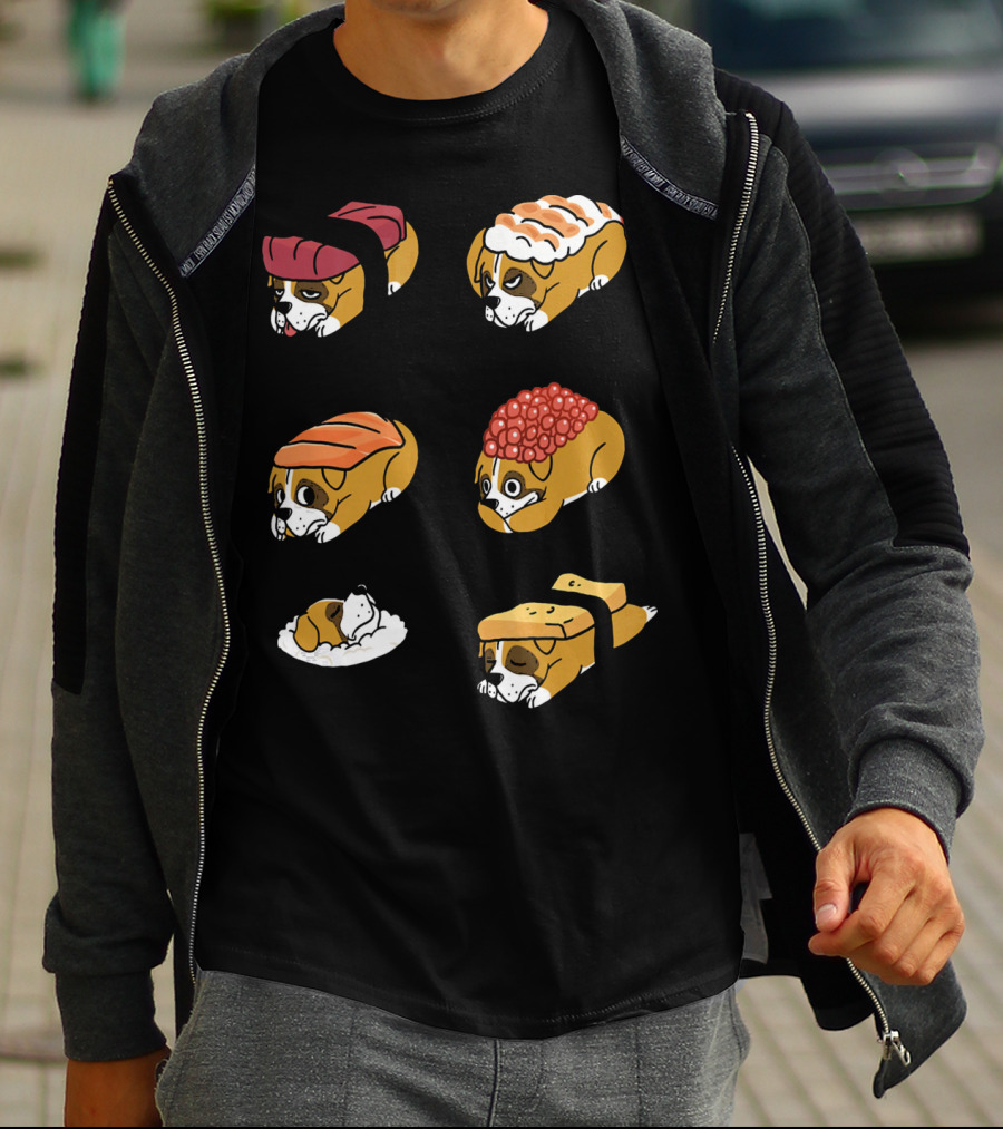 Boxer Dog Nigiri Sushi Funny Dog Boxer Sushi Roll Humor Nigiri Boxer Pups Sushi Styled Boxer Dogs T-Shirt