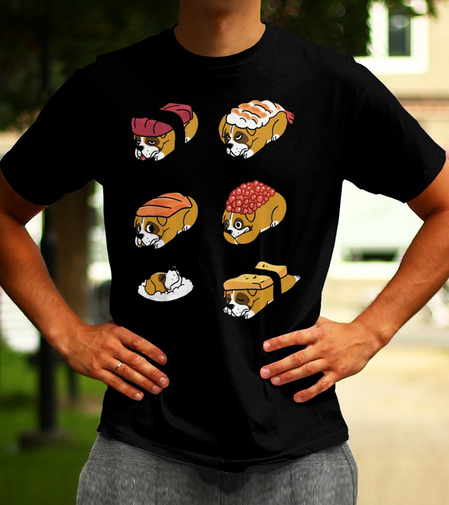 Boxer Dog Nigiri Sushi Funny Dog Boxer Sushi Roll Humor Nigiri Boxer Pups Sushi Styled Boxer Dogs T-Shirt