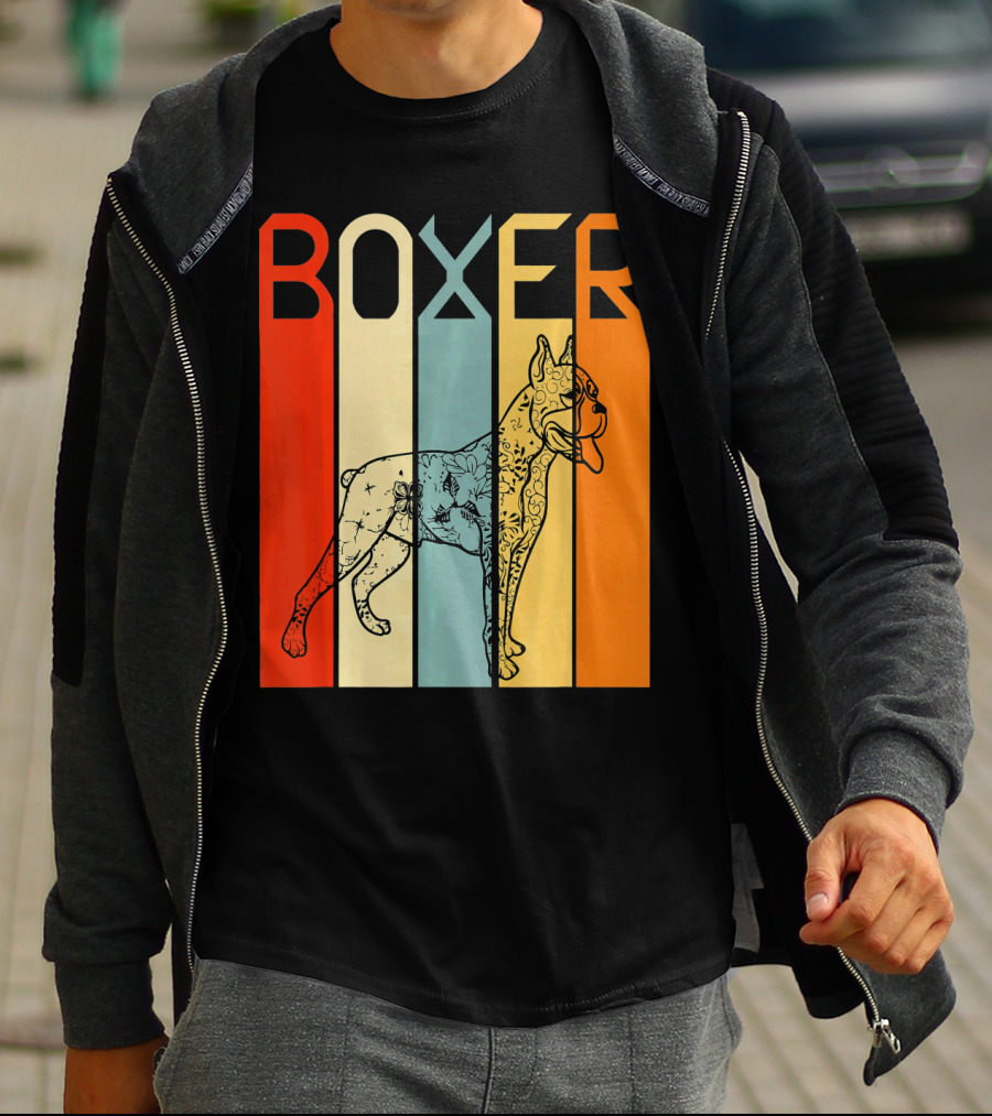 Boxer Dog Retro Stripes Outline T-Shirt