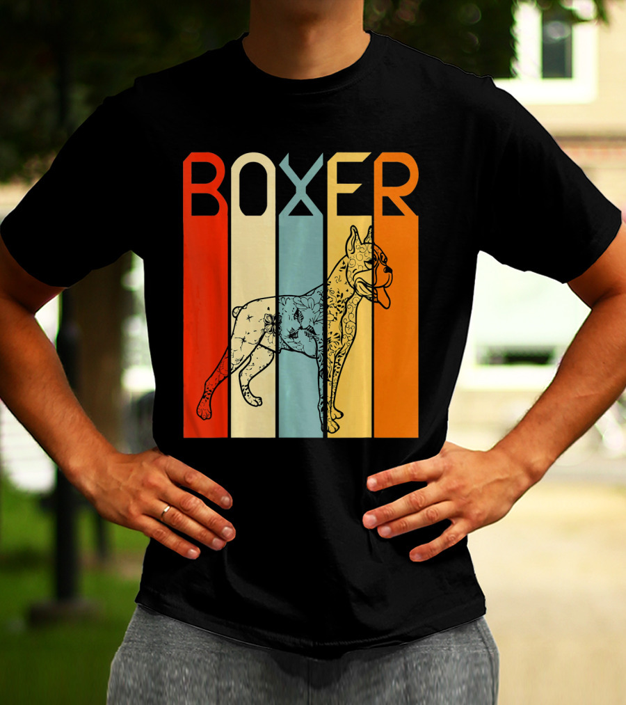 Boxer Dog Retro Stripes Outline T-Shirt