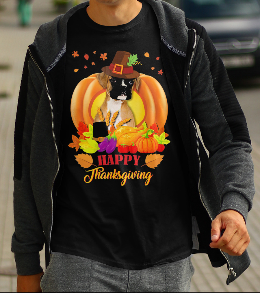 Boxer Dog In Pilgrim Hat Happy Thanksgiving Pumpkin Harvest T-Shirt