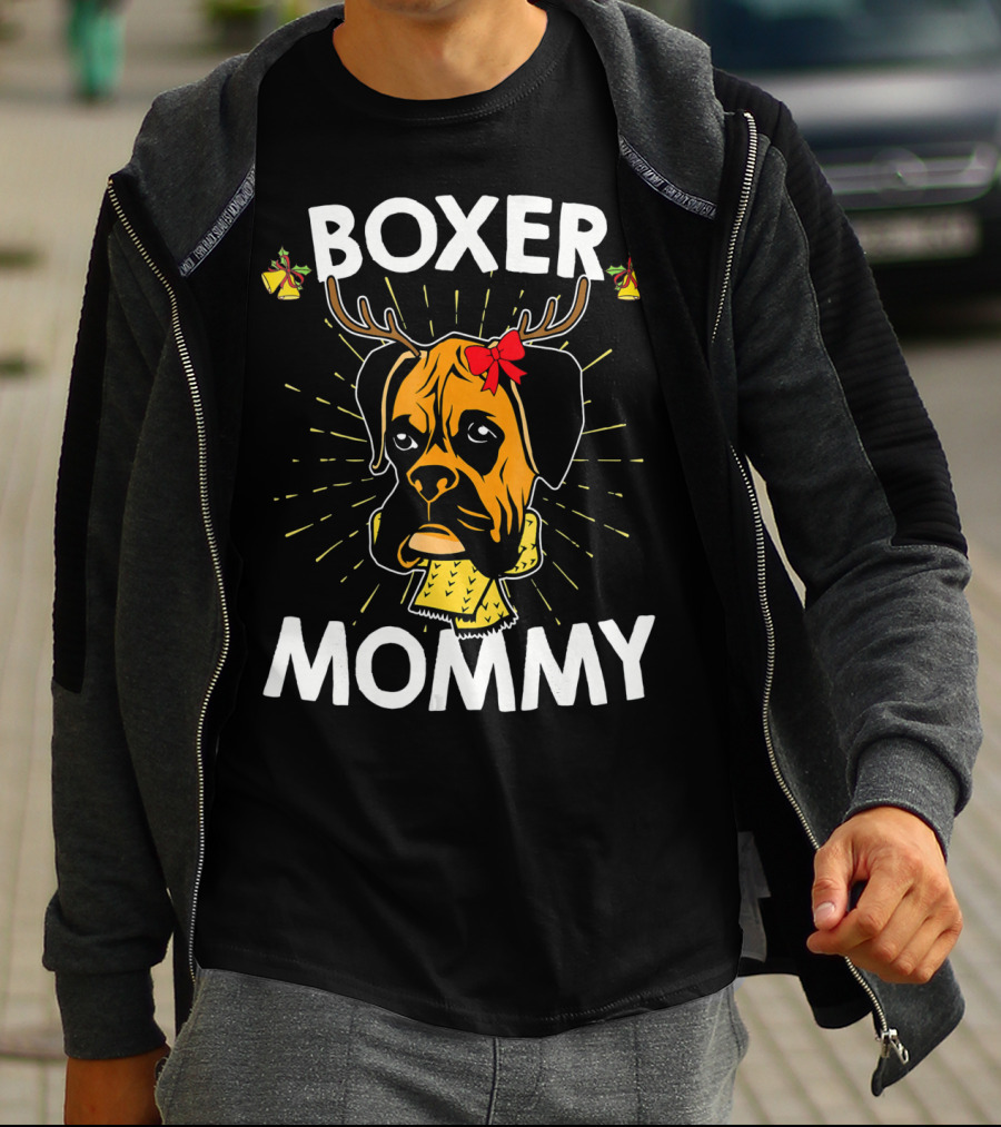 Boxer Mommy Reindeer Antlers Christmas Lights Bow Scarf Dog T-Shirt