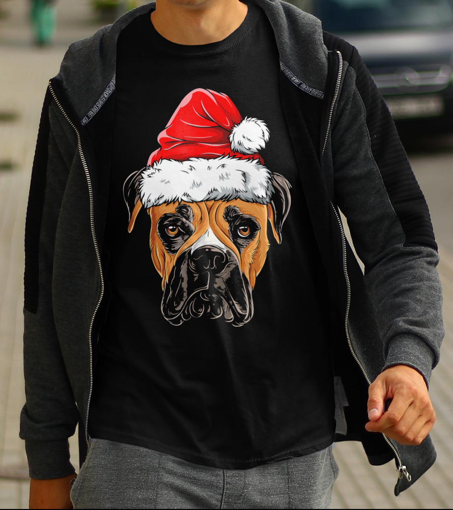 Boxer Dog Wearing Santa Hat T-Shirt