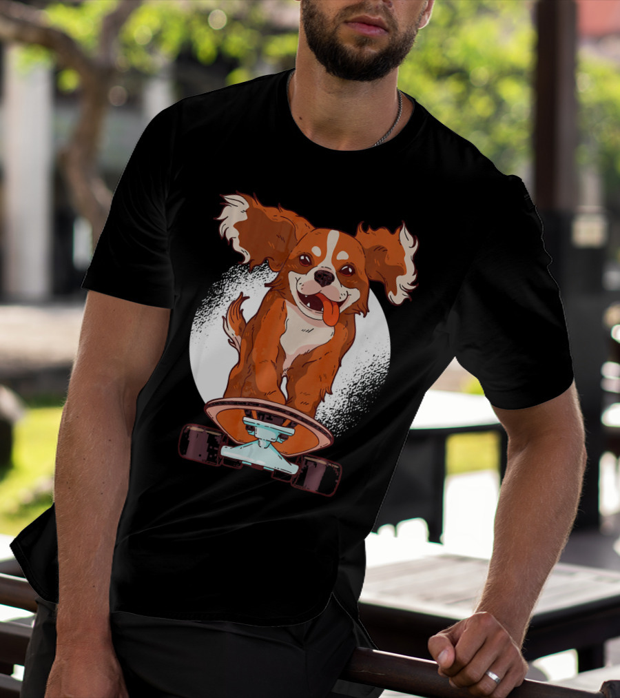 Cavalier Dog On Skateboard With Happy Expression And Energetic Pose T-Shirt