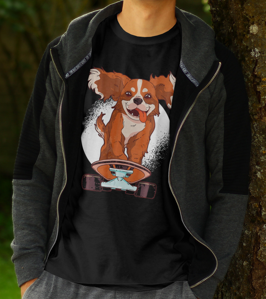 Cavalier Dog On Skateboard With Happy Expression And Energetic Pose T-Shirt