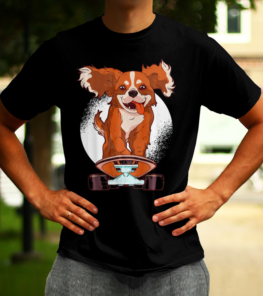 Cavalier Dog On Skateboard With Happy Expression And Energetic Pose T-Shirt