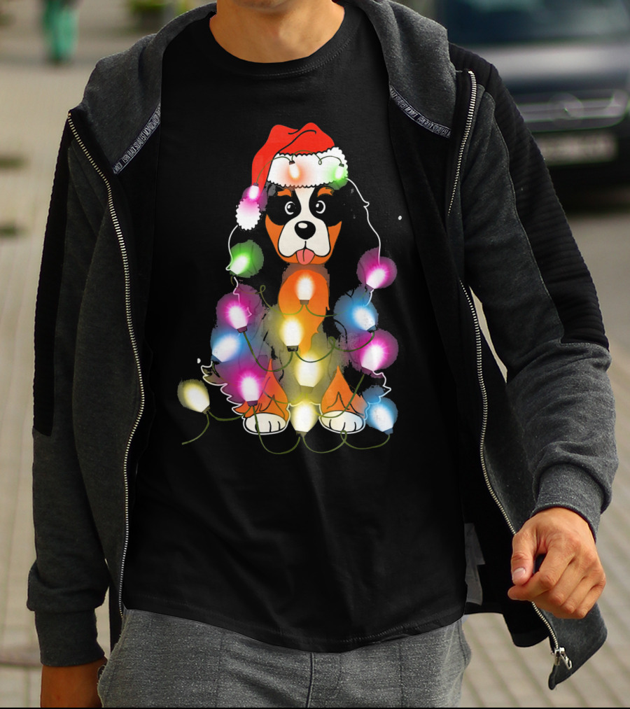 Cavalier King Charles Spaniel Festive Christmas Lights With Santa Hat T-Shirt