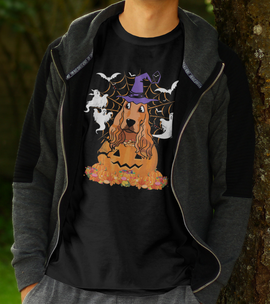 Cavalier King Charles Spaniel Halloween Pumpkin Ghosts And Witch Hat T-Shirt