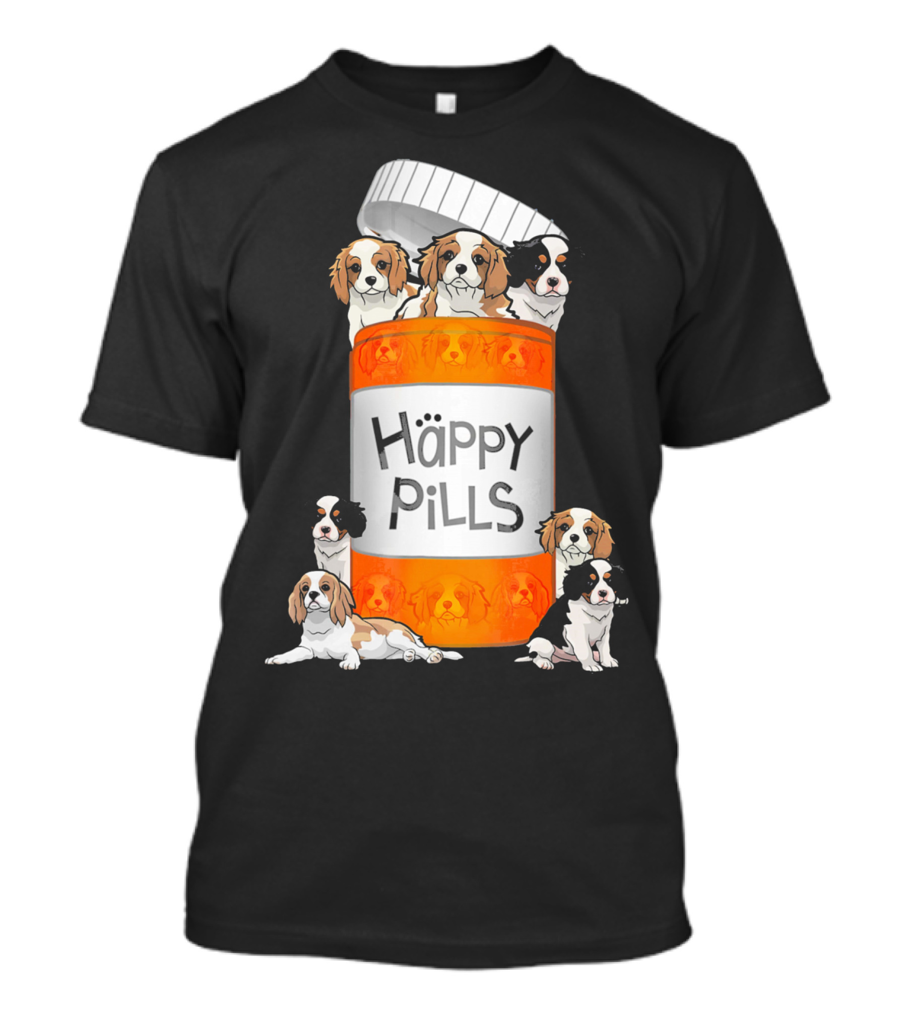 Cavalier King Charles Spaniel Happy Pills Illustration With Puppies In Pill Bottle T-Shirt
