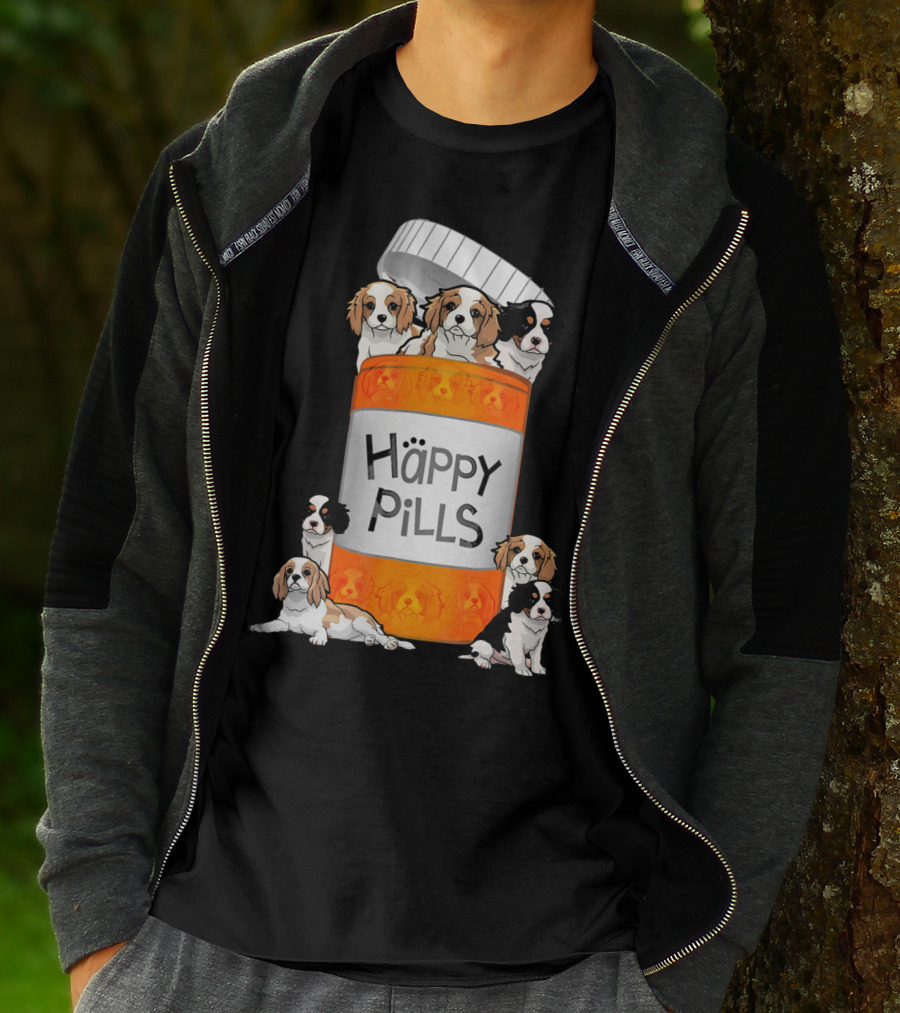 Cavalier King Charles Spaniel Happy Pills Illustration With Puppies In Pill Bottle T-Shirt
