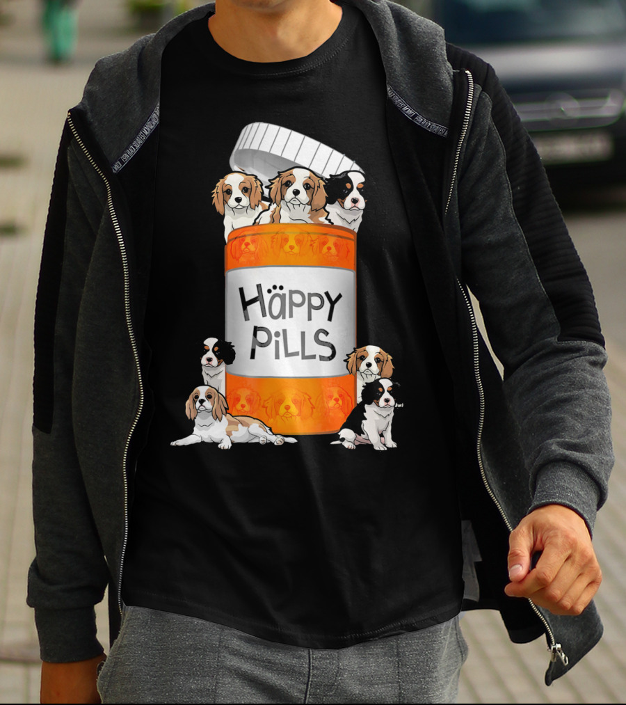 Cavalier King Charles Spaniel Happy Pills Illustration With Puppies In Pill Bottle T-Shirt