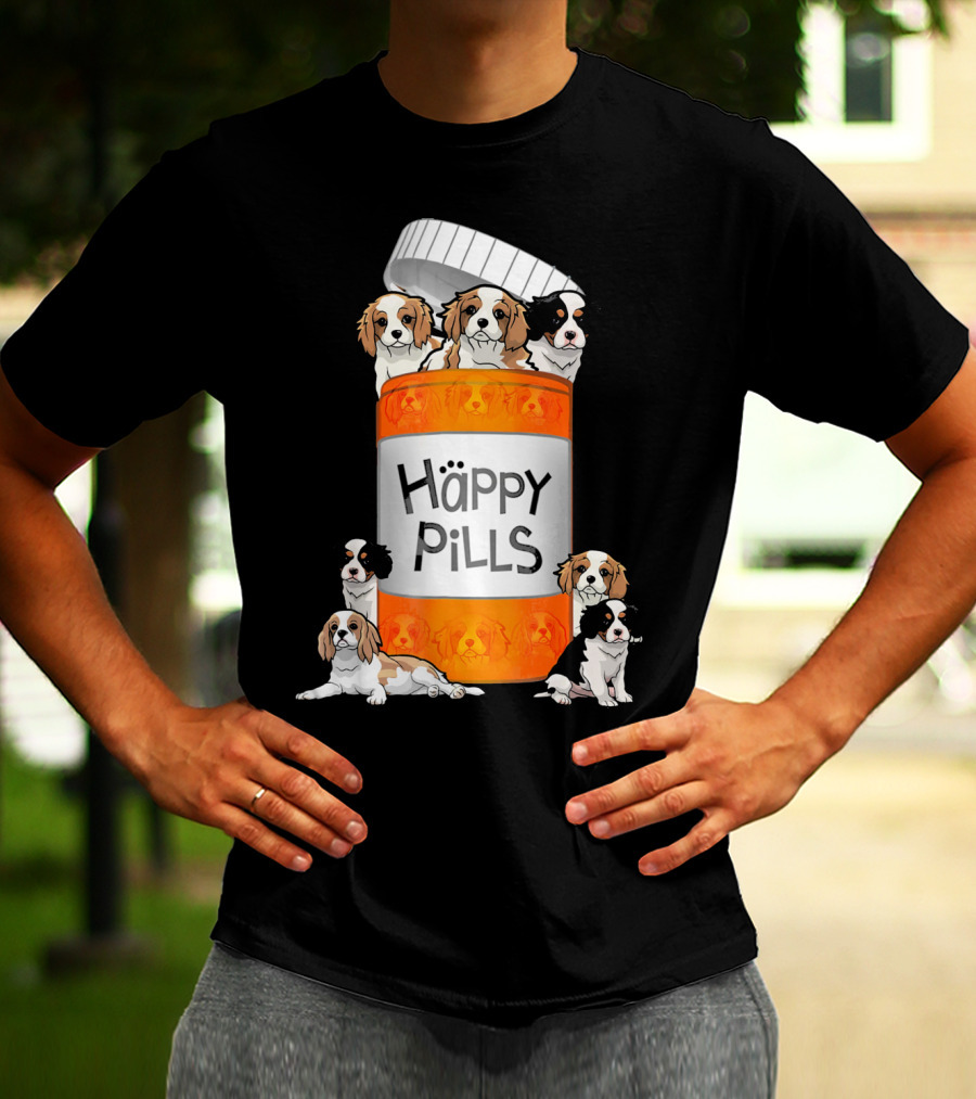 Cavalier King Charles Spaniel Happy Pills Illustration With Puppies In Pill Bottle T-Shirt