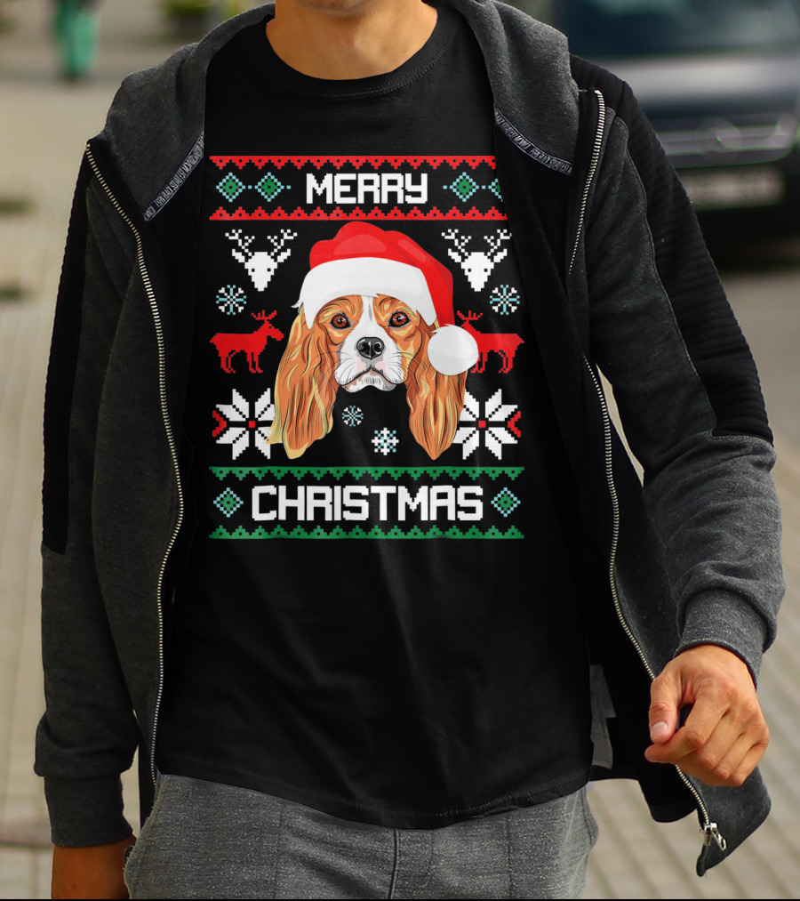Merry Christmas Cavalier King Charles Spaniel Ugly Sweater Santa Hat T-Shirt