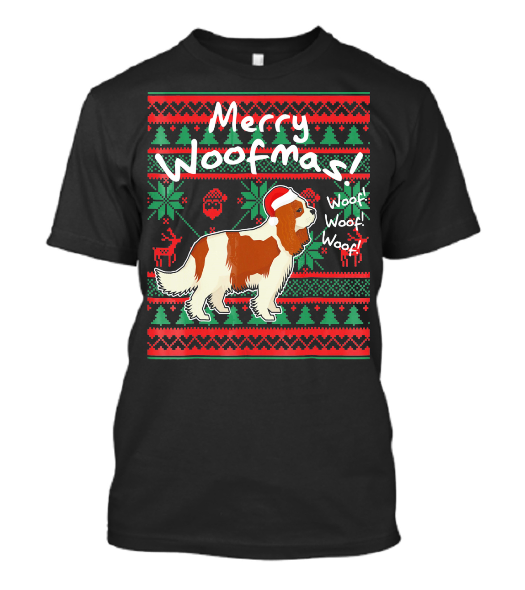 Merry Woofmas Cavalier King Charles Spaniel Festive Santa Hat Woof Woof Holiday T-Shirt
