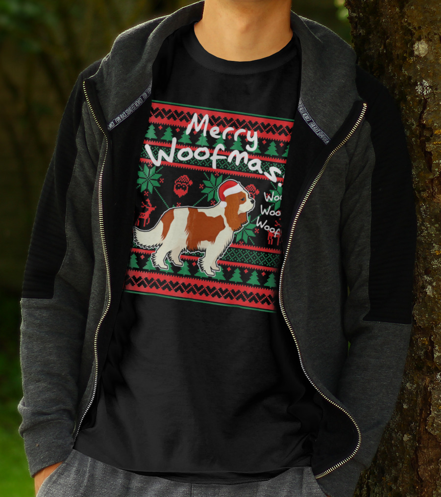Merry Woofmas Cavalier King Charles Spaniel Festive Santa Hat Woof Woof Holiday T-Shirt