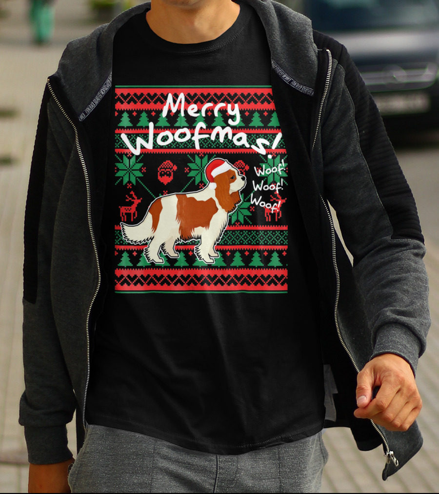 Merry Woofmas Cavalier King Charles Spaniel Festive Santa Hat Woof Woof Holiday T-Shirt